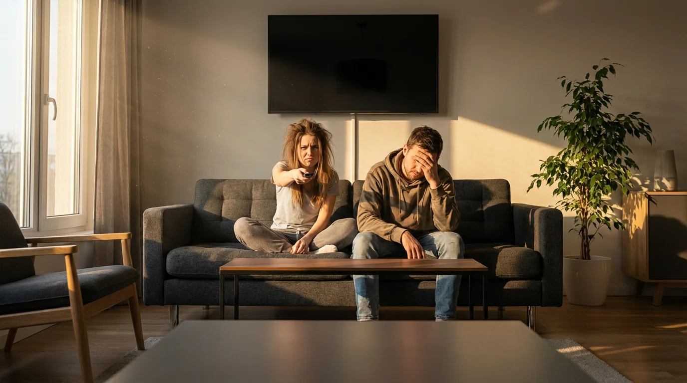 Low angle shot of a frustrated couple on a sofa with a blank TV screen.