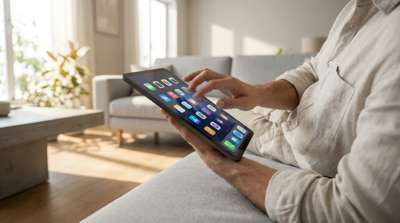 Low angle shot of a person on a sofa easily managing apps on a tablet.