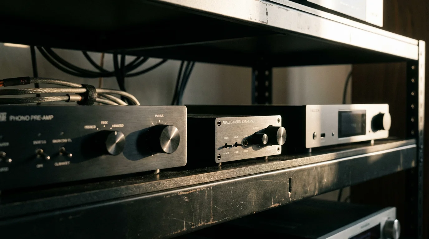 Low-angle shot of essential audio gear like pre-amps and converters for digital conversion.