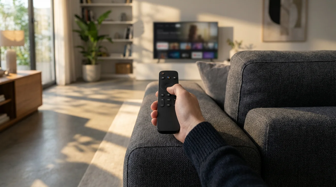 Low angle view of a hand holding a TV remote control in a modern living room.