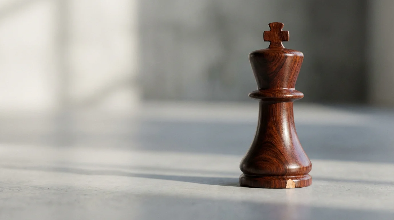 Macro photo of a dark wood chess king piece with a small chip.