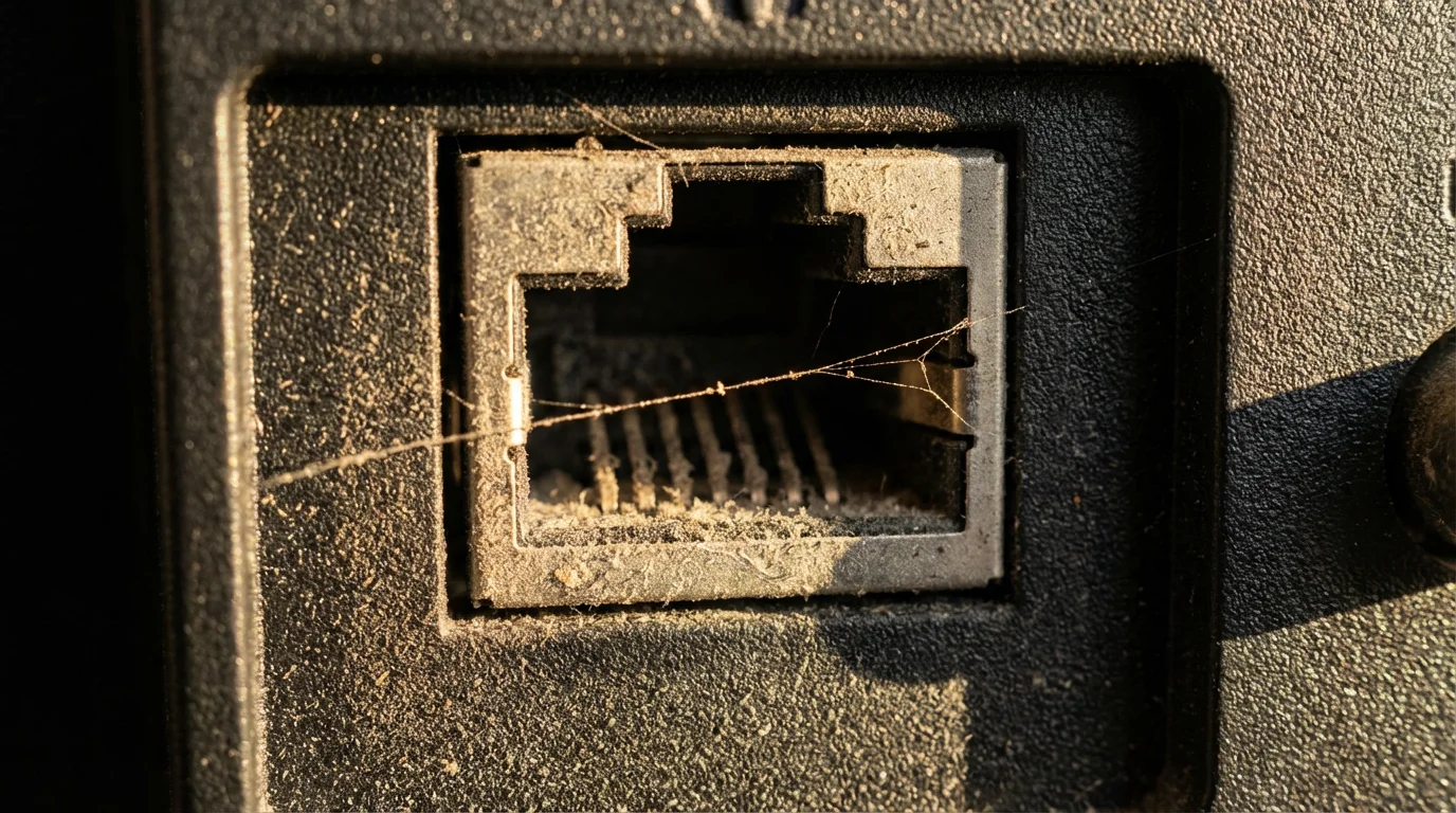 Macro photo of a dusty, cobweb-covered ethernet port on the back of a television.