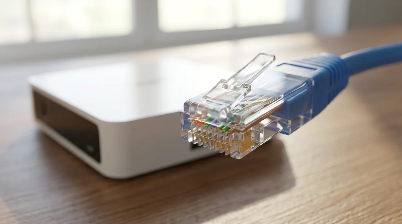 Macro photo of an ethernet cable connector for a VoIP internet phone connection.