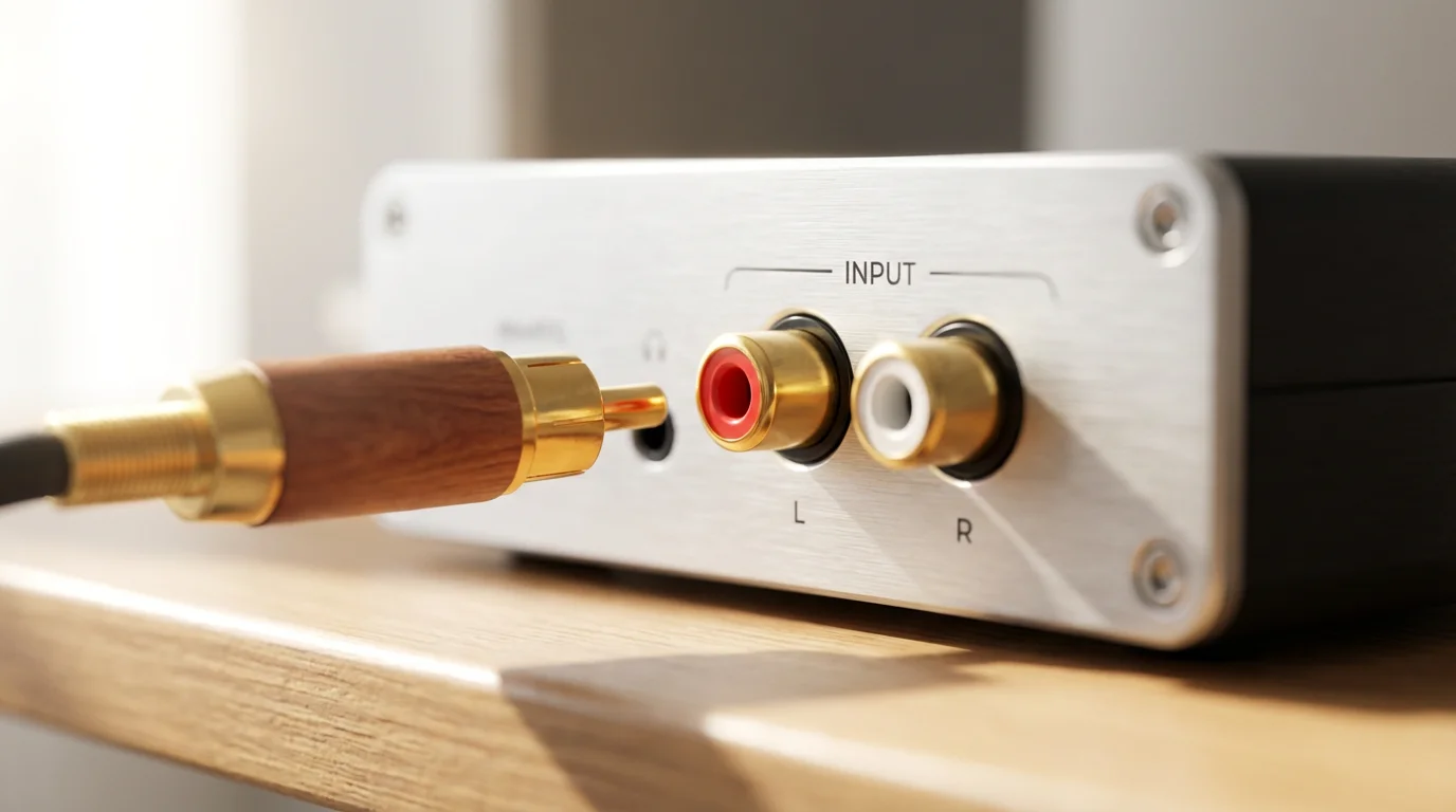 Macro photo of an RCA cable connecting to a modern analog-to-digital audio converter.