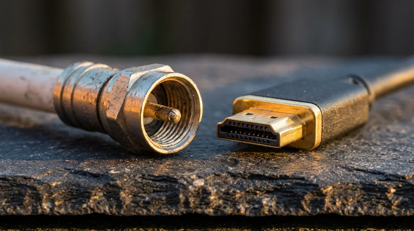 Macro photograph comparing an old coaxial cable connector next to a modern HDMI connector.
