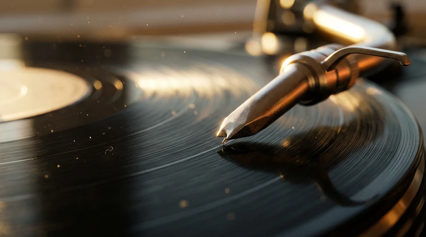Macro photograph of a record player needle in the groove of a vinyl record.