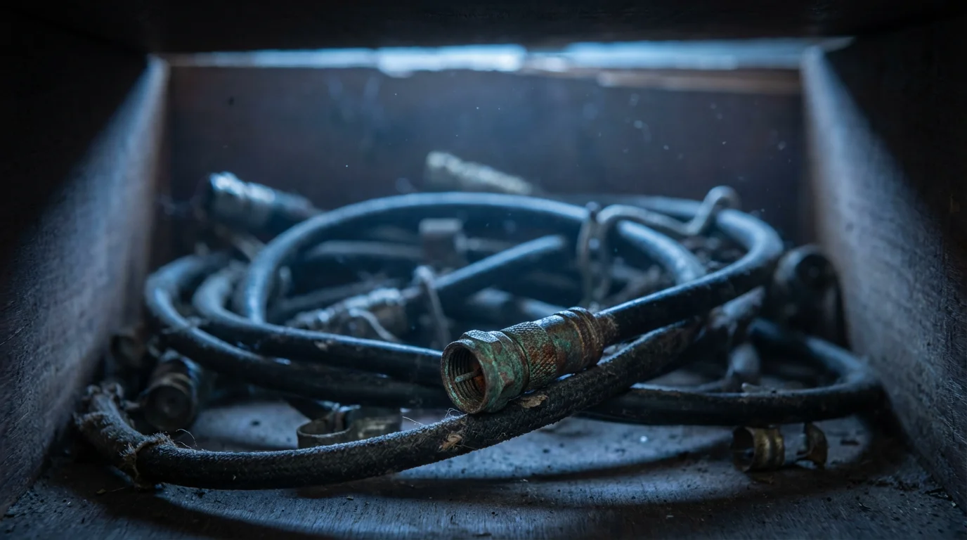 Macro photorealistic shot of tangled, dusty, obsolete coaxial cables in a dark drawer.