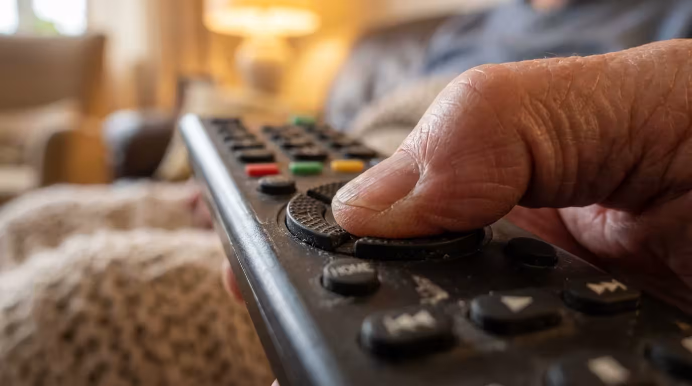 Macro shot of a senior's hand pressing a large button on a remote control.
