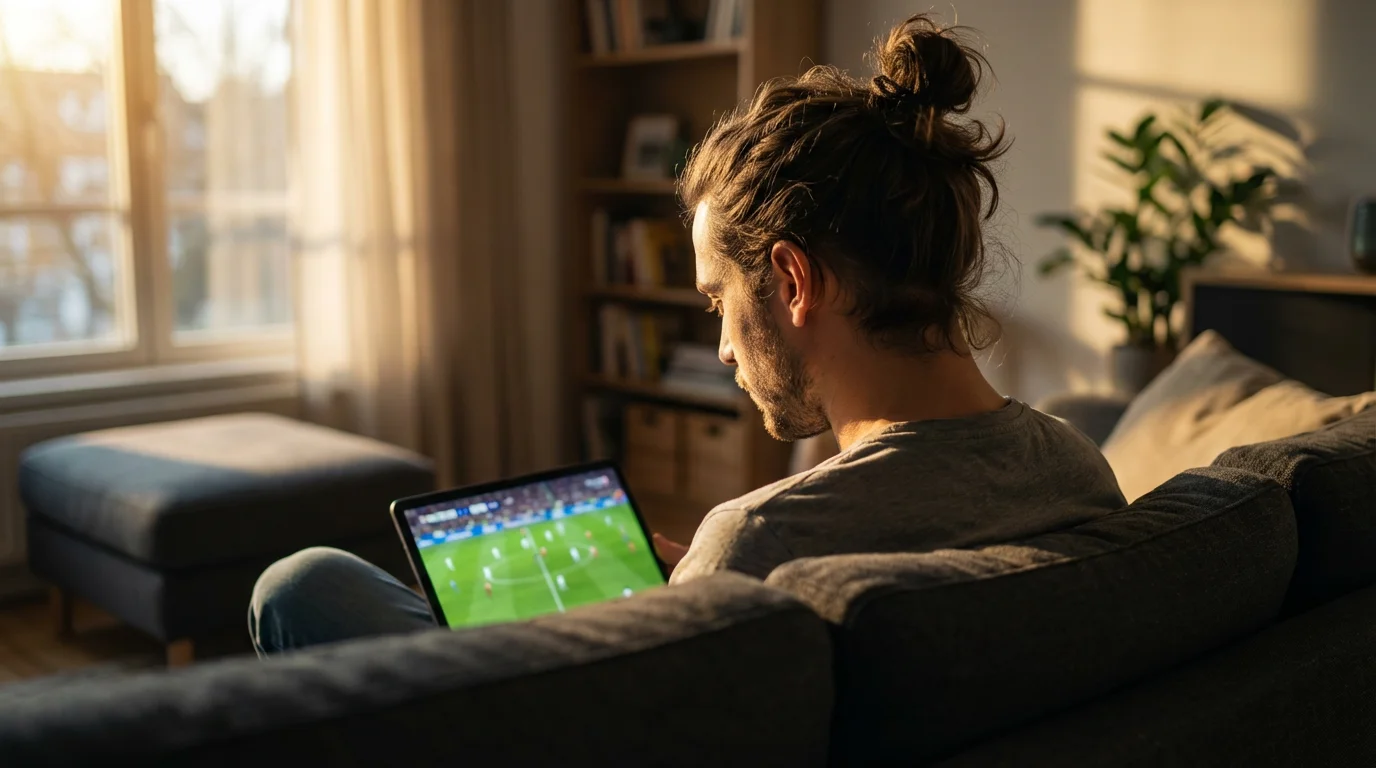 Man from behind watching a live soccer match on a tablet in a sunlit room.