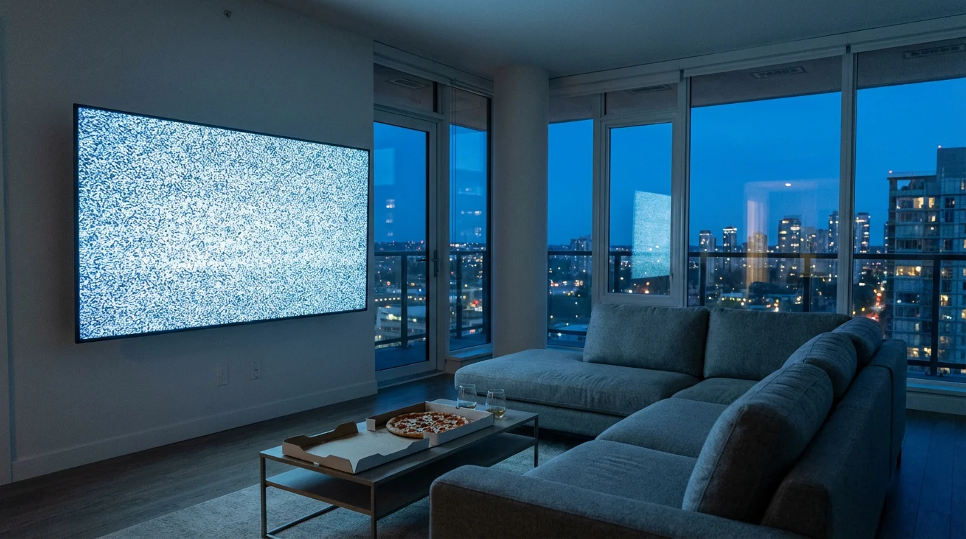 Modern living room at dusk with a large TV showing only static.