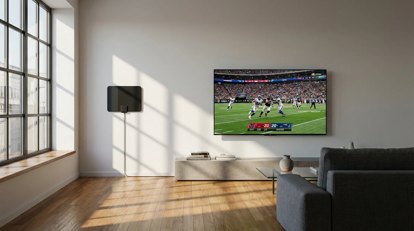 Modern living room with a digital TV antenna receiving a clear football game broadcast.