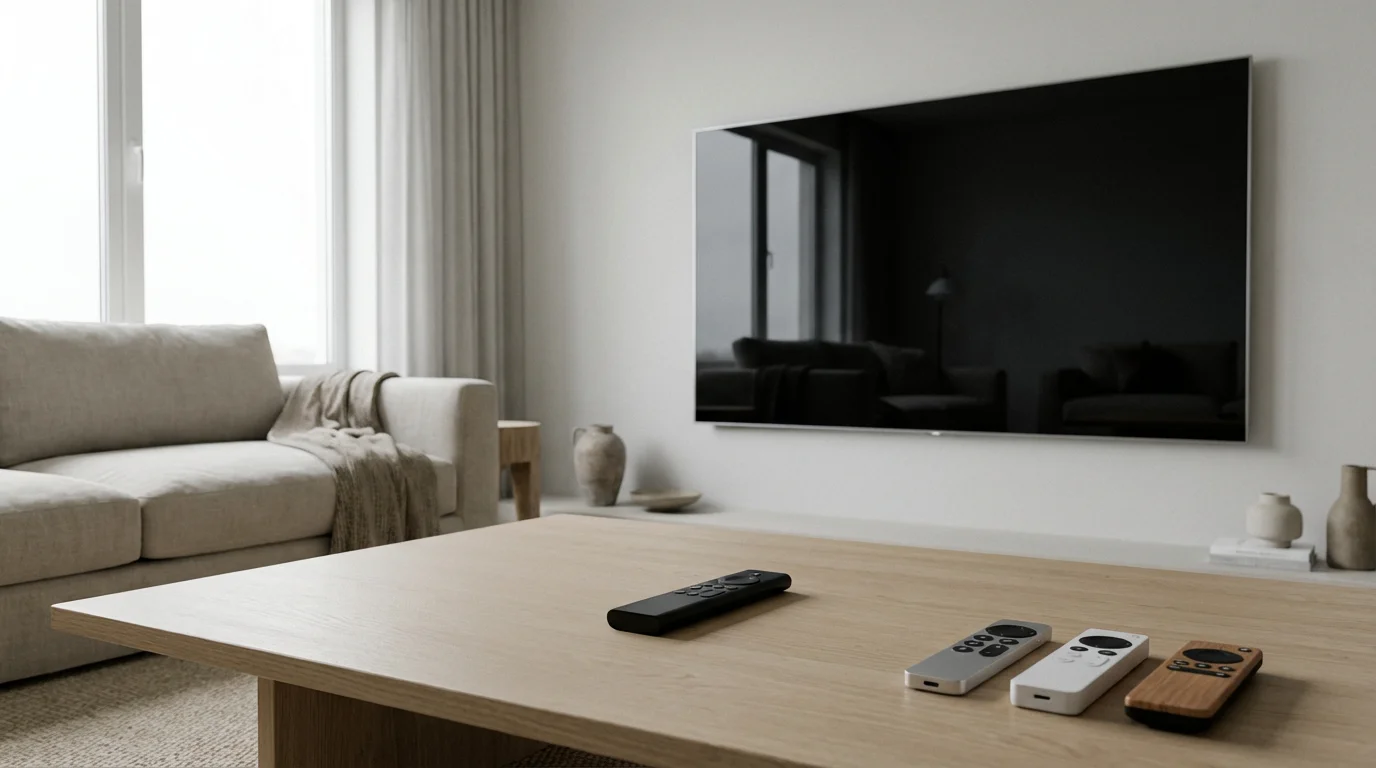 Modern living room with multiple remote controls on a coffee table before a blank television.