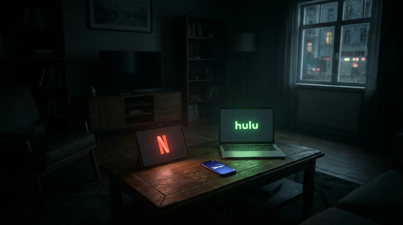 Multiple glowing electronic devices left on a table in a dark, modern room.