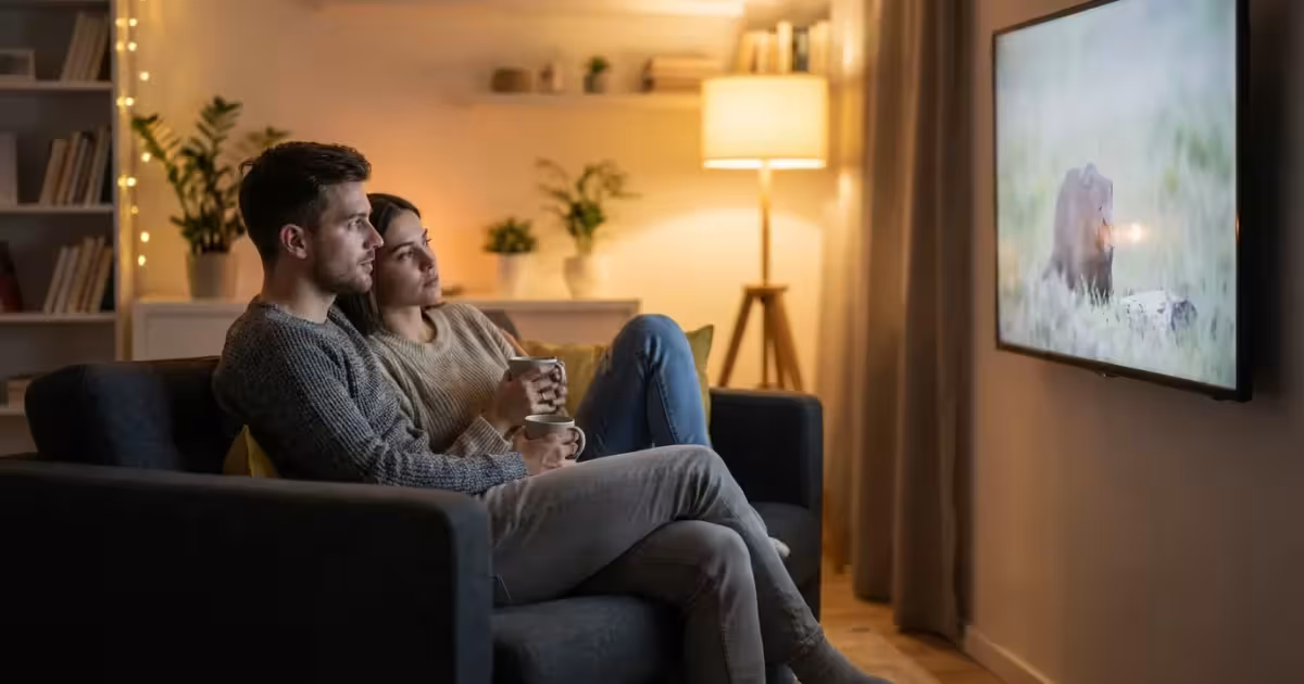 A couple sitting on a couch looking at a television screen in a modern living room.