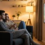 A couple sitting on a couch looking at a television screen in a modern living room.