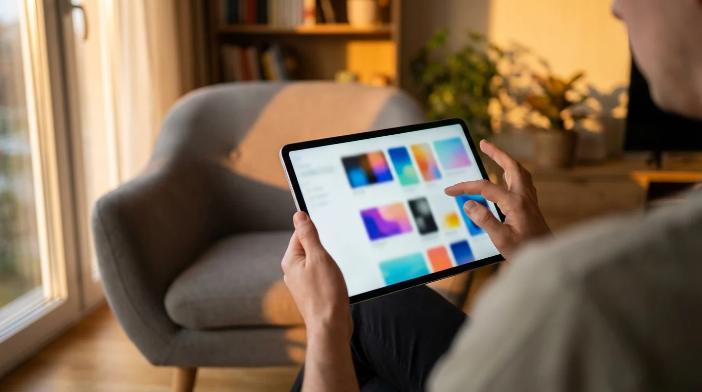 Over-the-shoulder shot of a person browsing a streaming TV guide on a tablet.