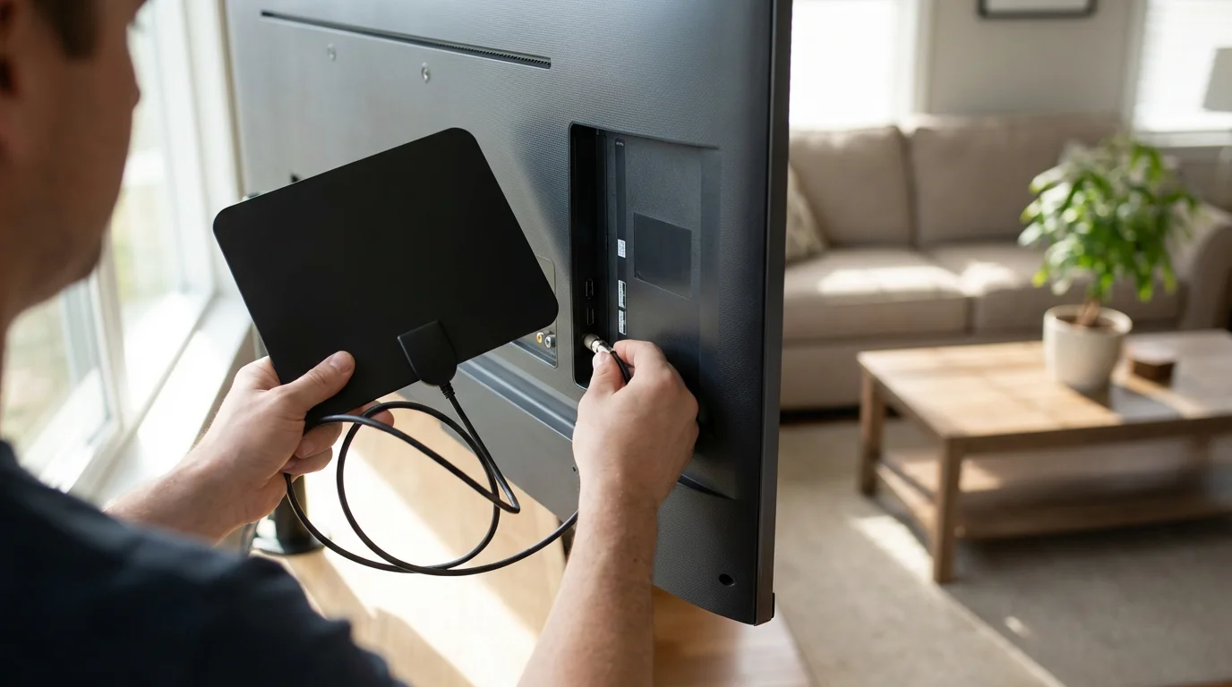 Over-the-shoulder shot of a person connecting an HD antenna to a TV.
