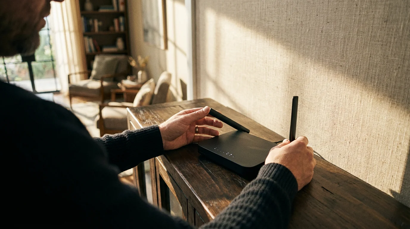 Over-the-shoulder shot of hands adjusting a modern Wi-Fi router during a moody afternoon.