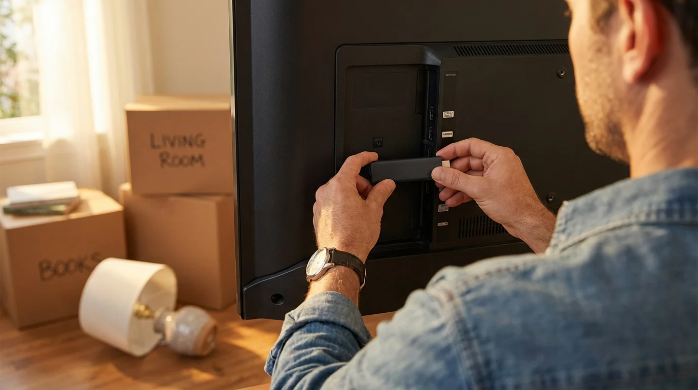 Over-the-shoulder shot of hands plugging a portable streaming stick into a TV.
