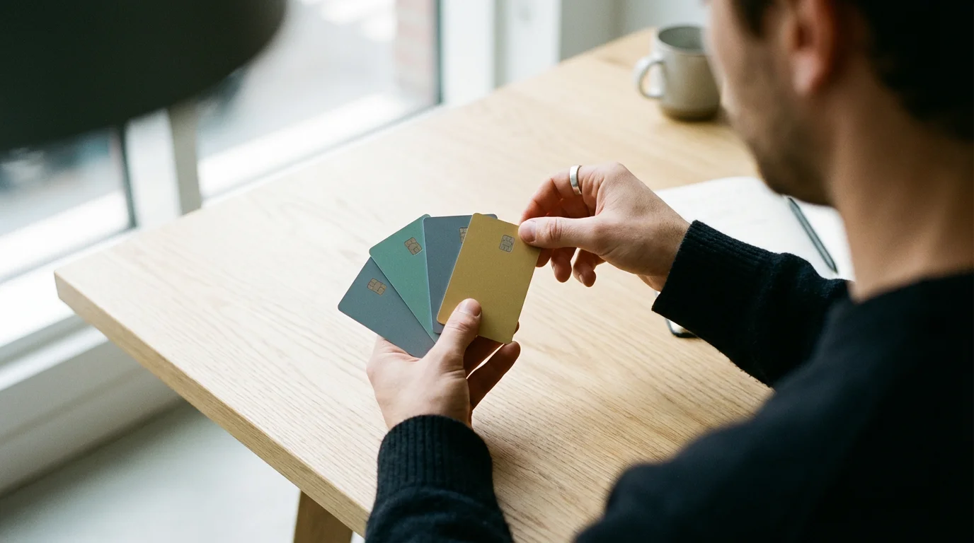 Over-the-shoulder shot of hands sorting colorful, generic credit cards on a modern wooden desk.
