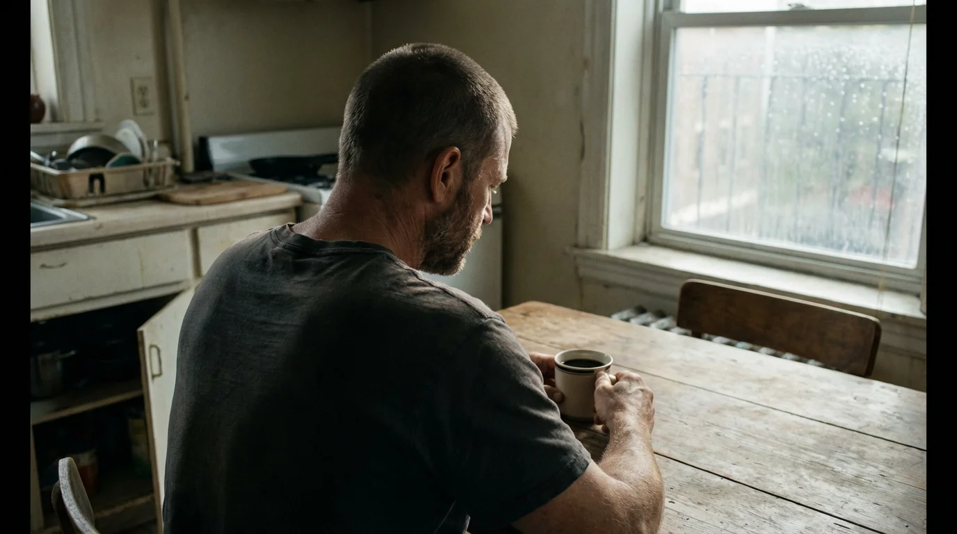 Over-the-shoulder view of a man at a kitchen table, representing a gritty television drama.