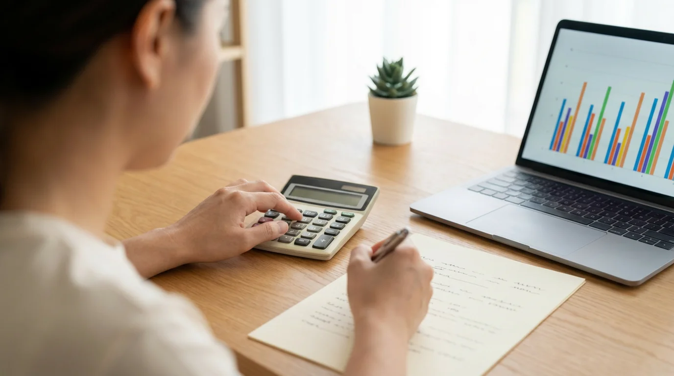 Over-the-shoulder view of a person at a desk calculating streaming savings with a calculator.