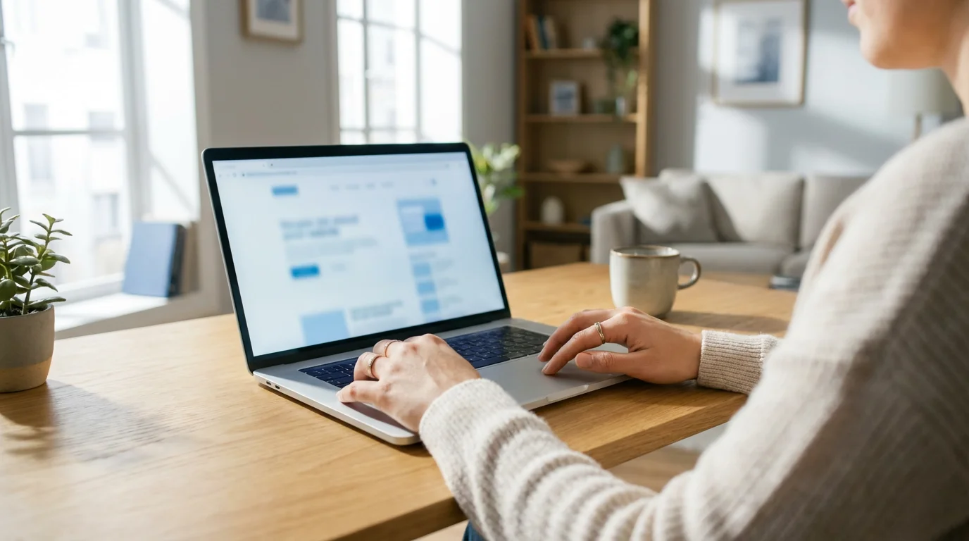 Over-the-shoulder view of a person at a desk signing up on a laptop.
