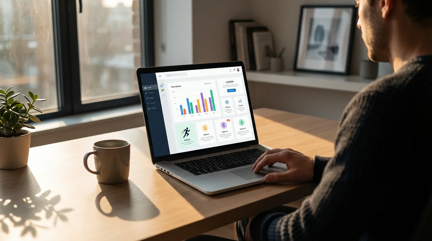 Over-the-shoulder view of a person at a desk comparing streaming options on a laptop.