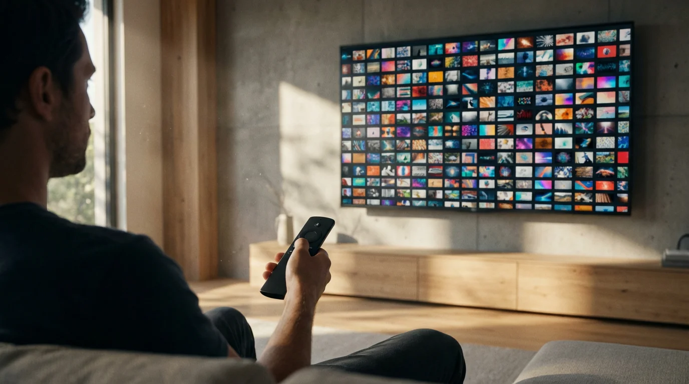 Over-the-shoulder view of a person browsing a streaming service on a large television.