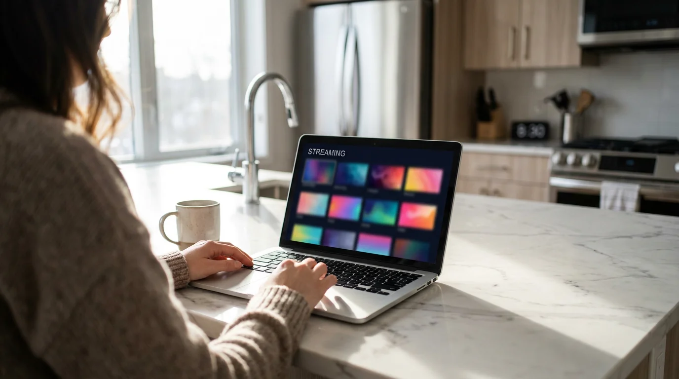 Over-the-shoulder view of a person browsing free streaming news channels on a laptop.