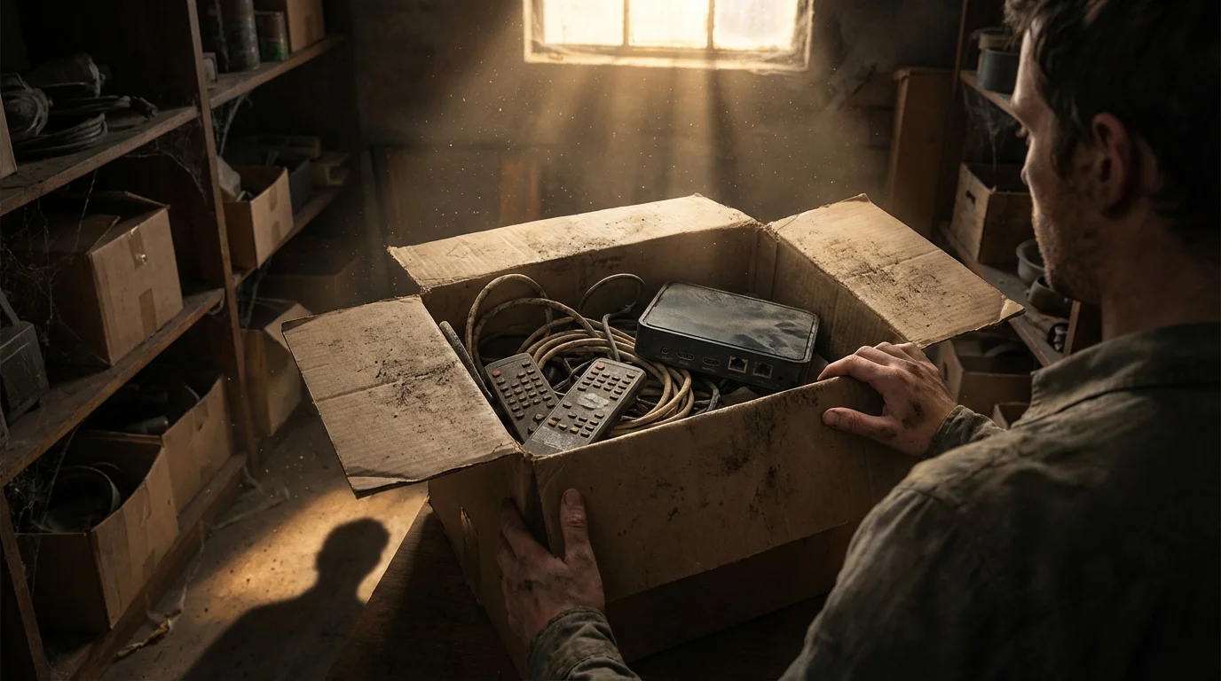 Over-the-shoulder view of a person finding an old, dusty streaming device in storage.