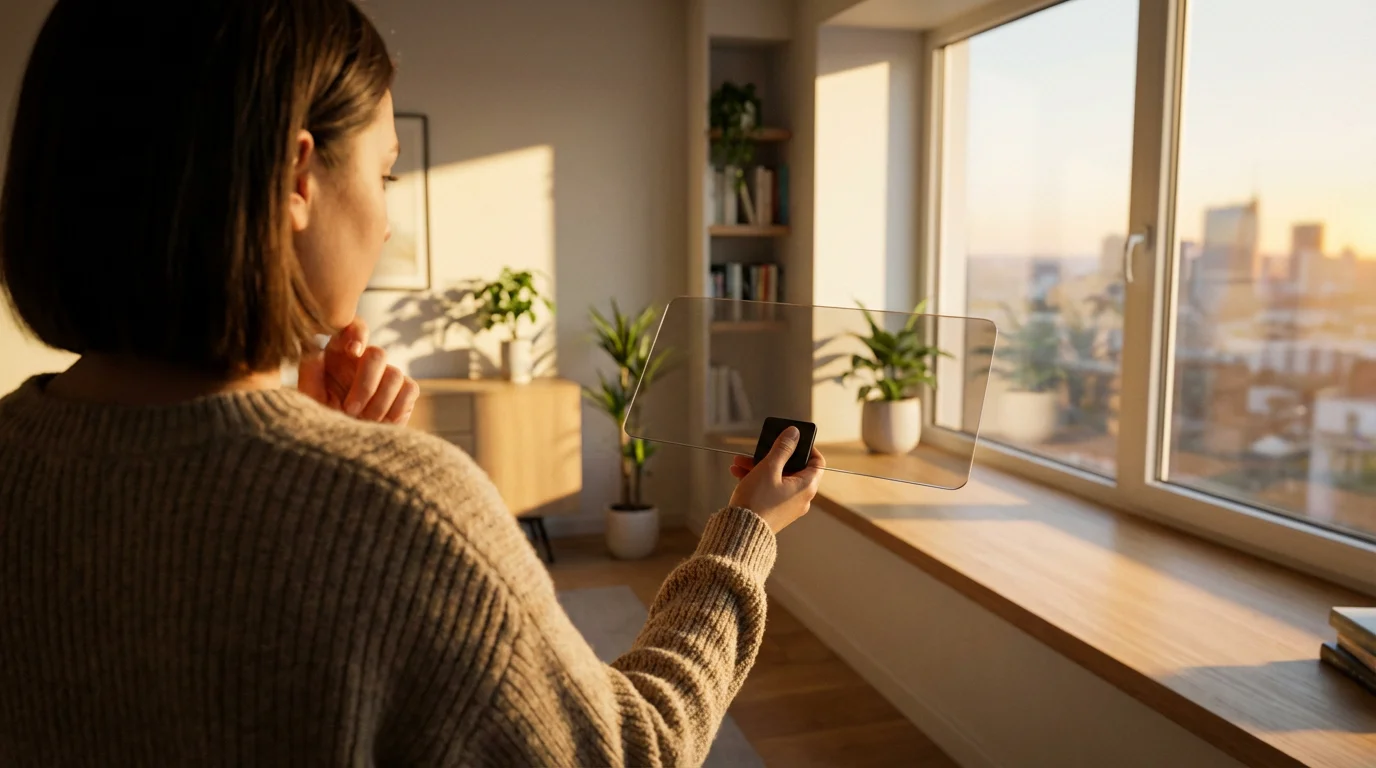 Over-the-shoulder view of a person holding an HD TV antenna by a window.
