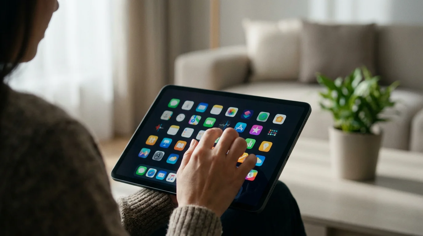 Over-the-shoulder view of a person holding a tablet showing many colorful app icons.