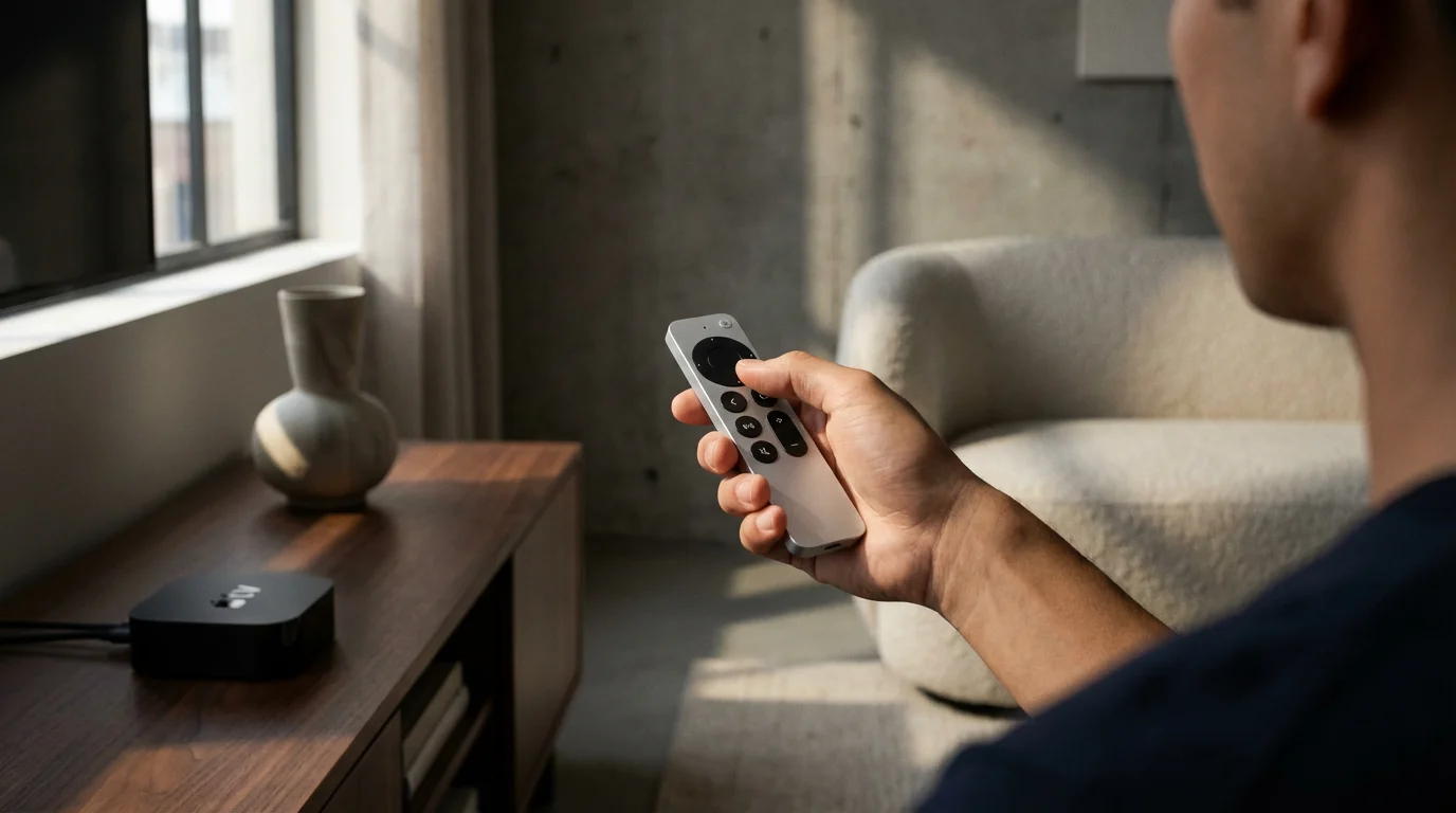 Over-the-shoulder view of a person holding a silver Apple TV Siri remote.