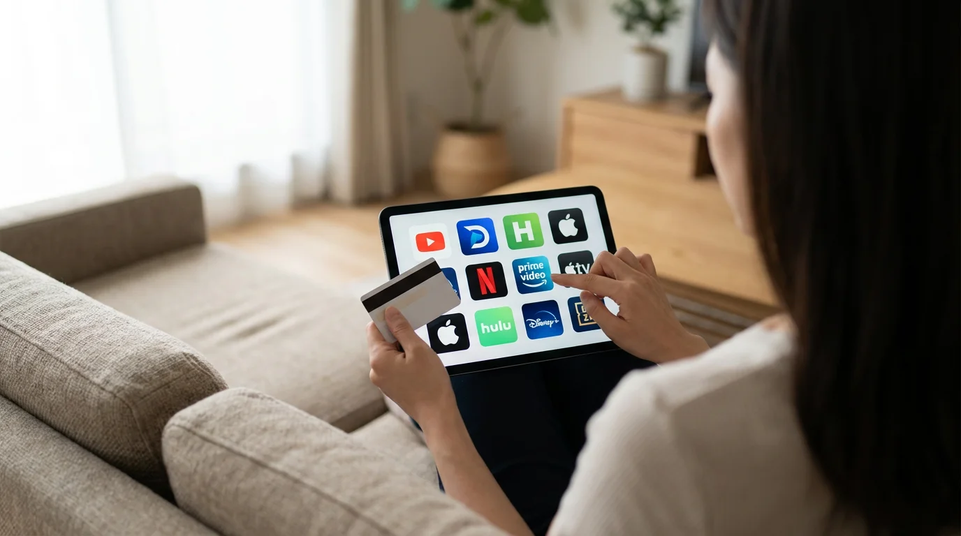 Over-the-shoulder view of a person holding a tablet and credit card, choosing streaming services.