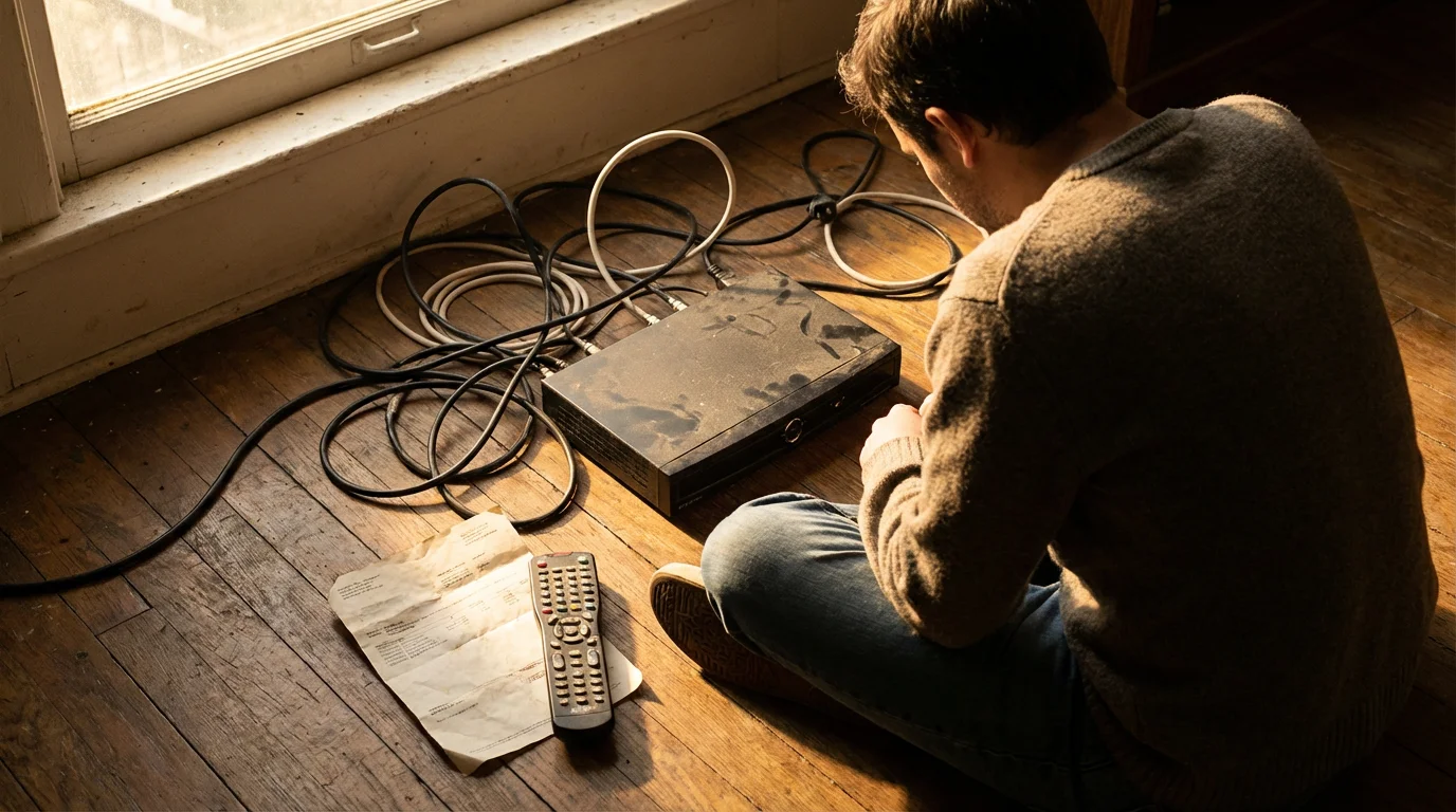 Over-the-shoulder view of a person looking at an old cable box and tangled wires.