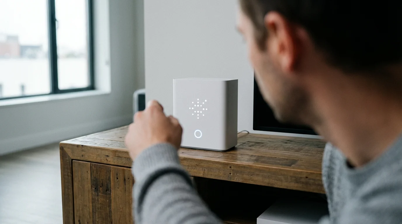 Over-the-shoulder view of a person looking at a modern Wi-Fi router on a console.