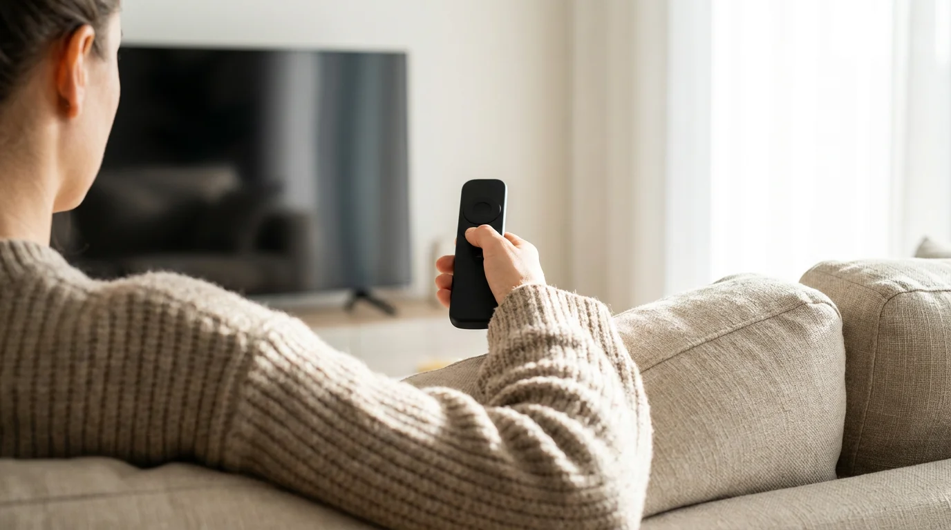Over-the-shoulder view of a person on a sofa holding a TV remote control.