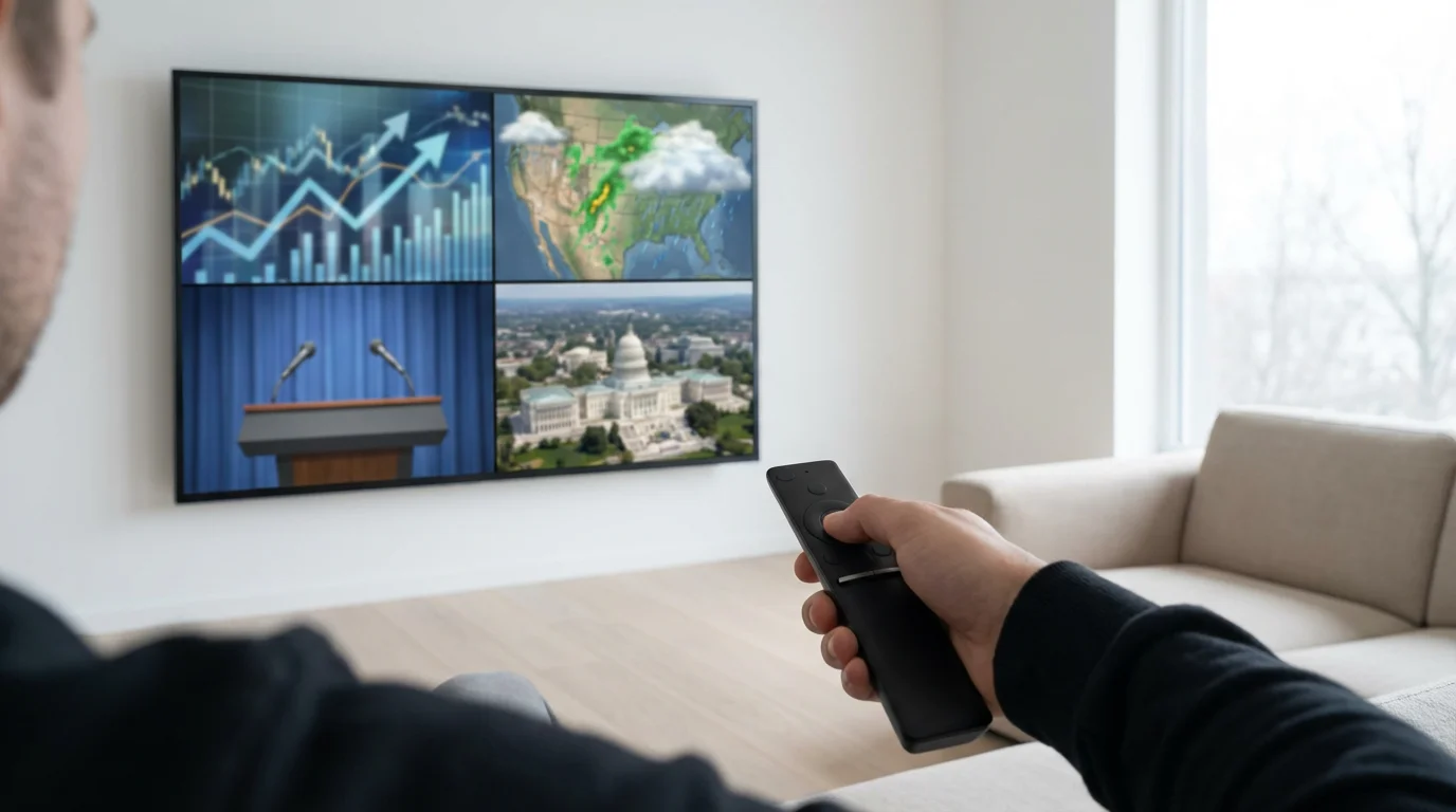 Over-the-shoulder view of a person using a TV remote to watch four news channels simultaneously.