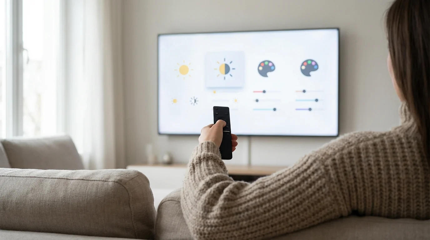 Over-the-shoulder view of a person using a remote to adjust TV picture quality settings.