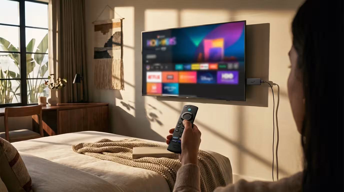 Over-the-shoulder view of a person using an Amazon Fire TV Stick in a hotel room.