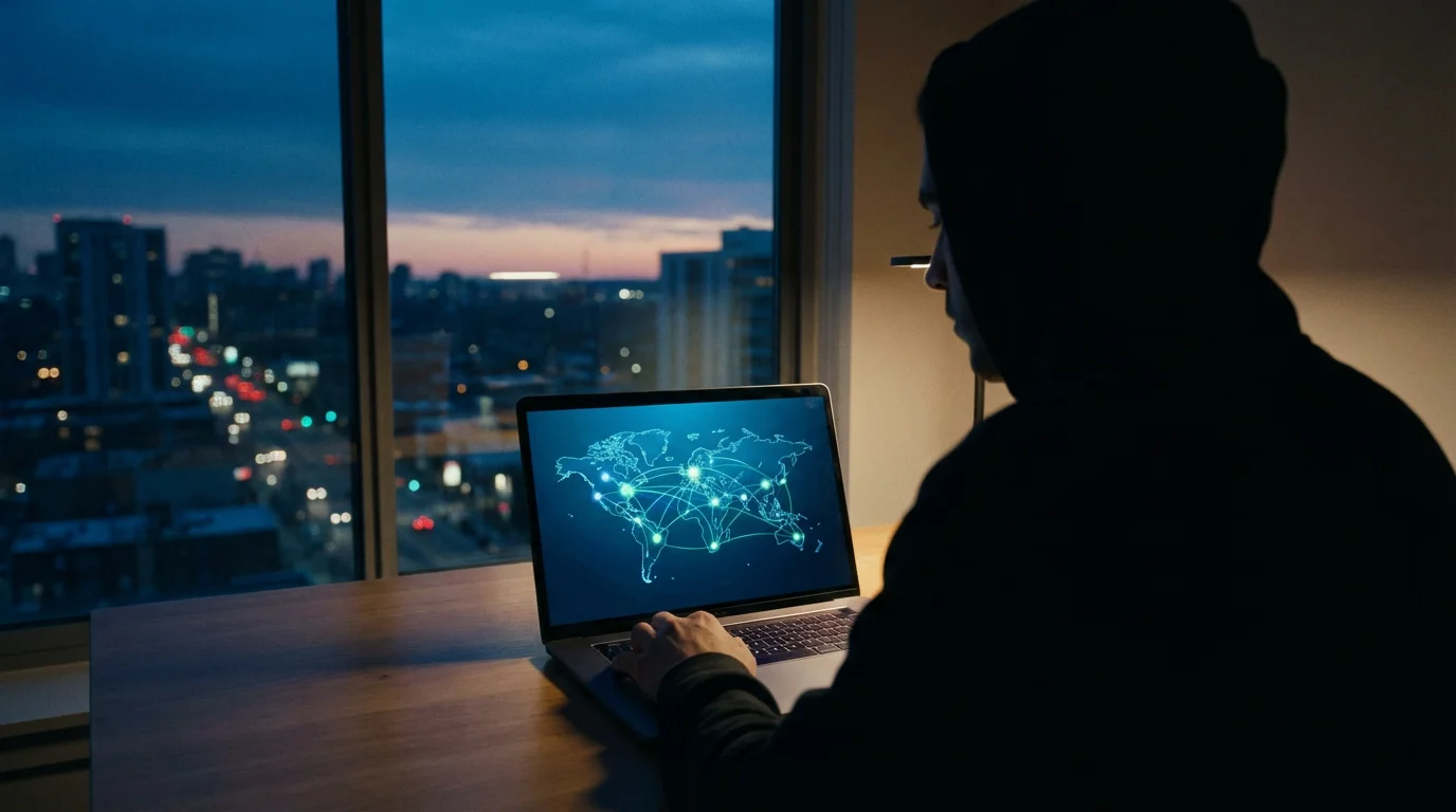 Over-the-shoulder view of a person using a laptop with a VPN map at dusk.