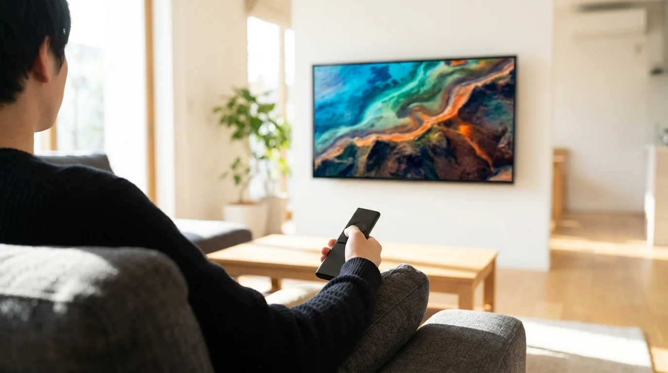 Over-the-shoulder view of a person watching a large television in a modern living room.