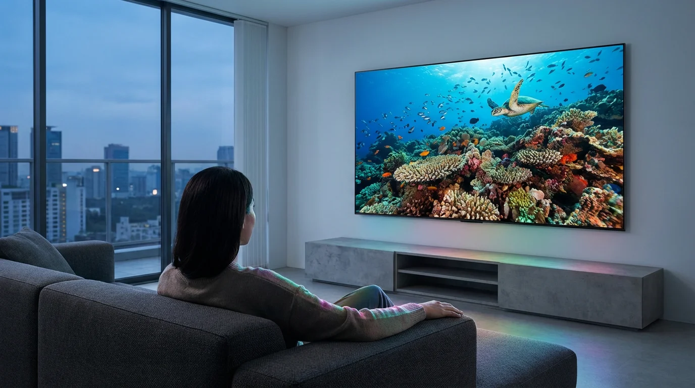Over-the-shoulder view of a person watching a crystal-clear nature documentary on a large TV.