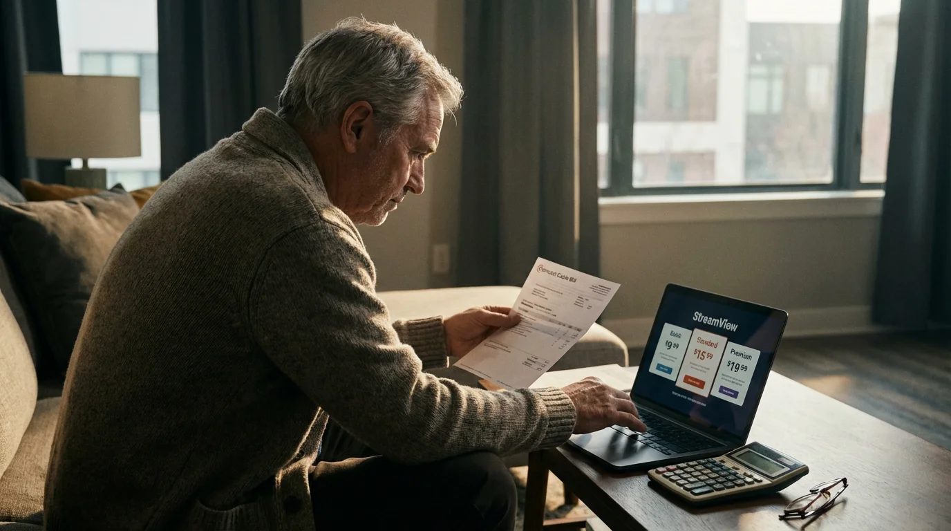 Over-the-shoulder view of a senior man comparing a cable bill to streaming service prices.