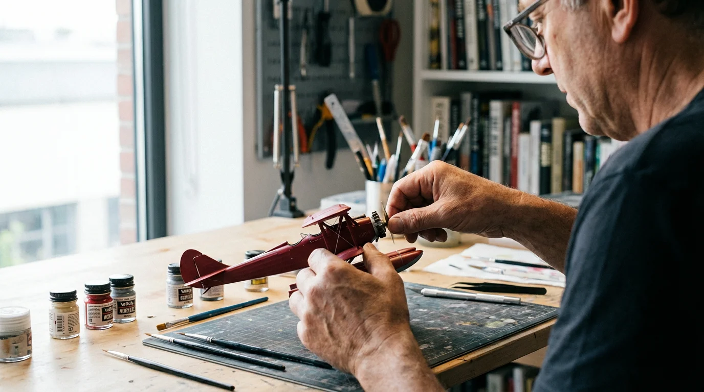 Over-the-shoulder view of hands assembling a detailed vintage red seaplane model on a workbench.