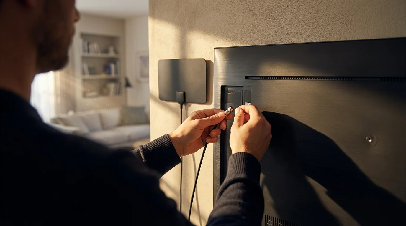 Over-the-shoulder view of hands connecting an indoor TV antenna to a television set.