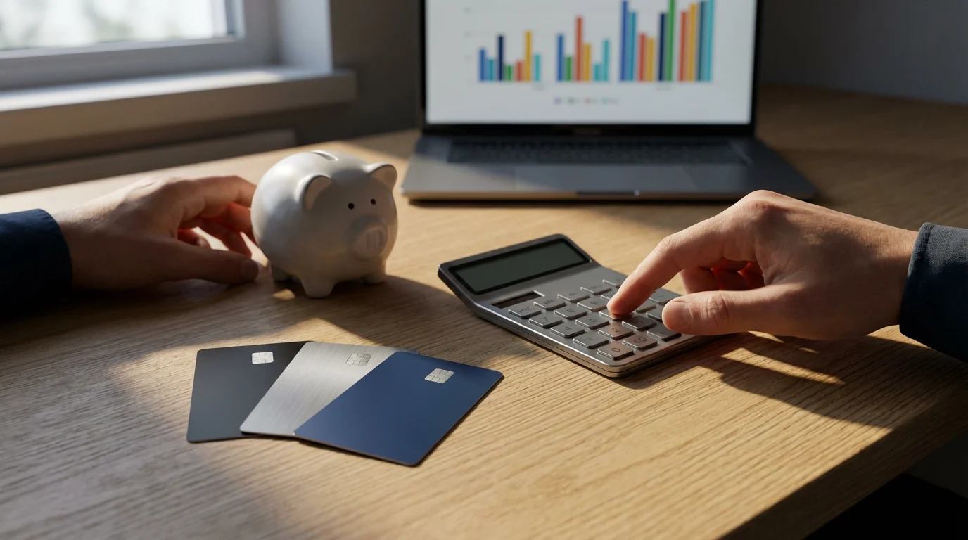 Person at a desk calculating finances with a piggy bank and credit cards nearby.