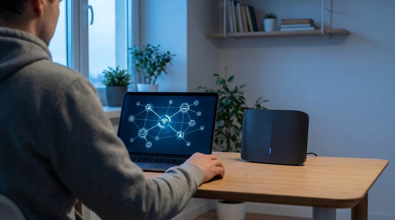 Person at a desk with a laptop and a Wi-Fi router during evening.