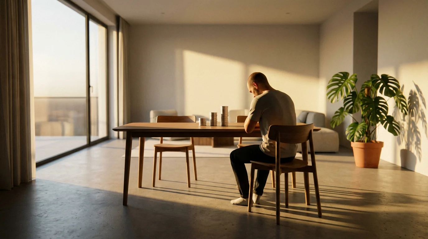Person at a table contemplating three different stacks of coins in warm, golden light.
